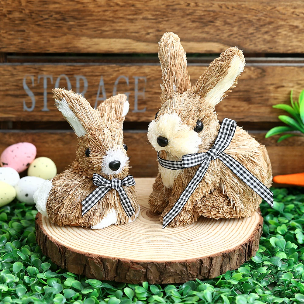 

Easter Straw Bunny Ornament Cute Basket Carrot Artificial Reed Pampas Grass Rabbit Statue Tabletop Garden Home Decor Kids Gift