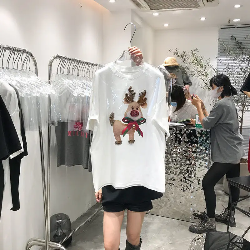 High Quality Summer Women T Shirt Print Harajuku Cute Deer Short Sleeve Lady Tees Sanding Casual Bow-knot Diamond Tops Female