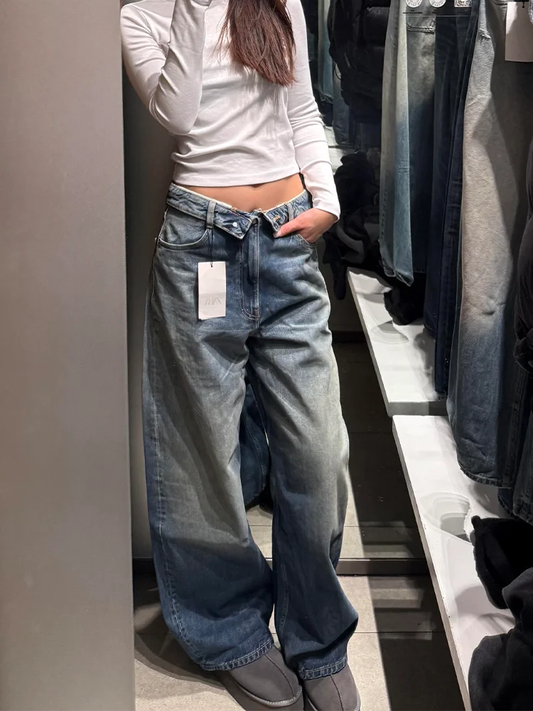 

Женские джинсы большого размера в американском ретро-стиле, с эффектом потертости, широкие, свободные, прямые, длинные, повседневные, с высокой талией, новый фасон