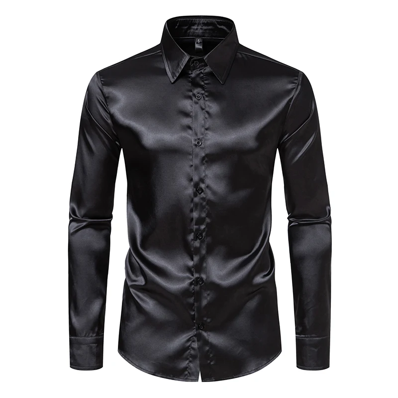 

Men's Black Satin Luxury Dress Shirts Fashion Silk Smooth Tuxedo Shirt Solid Wedding Party Prom Casual Shirt Business Office