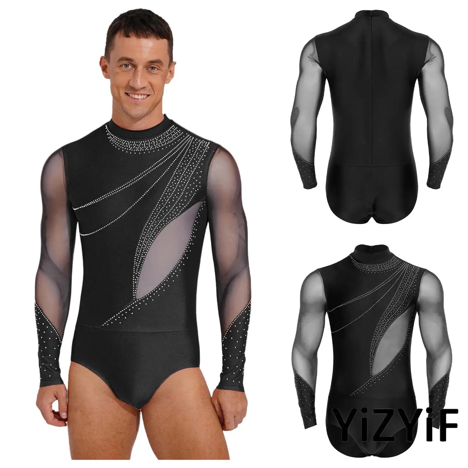 

Men Gymnastics Figure Skating Jumpsuit Openable Crotch Design Long Sleeves Ballet Leotard for Ballet Latin Dance Practice Train