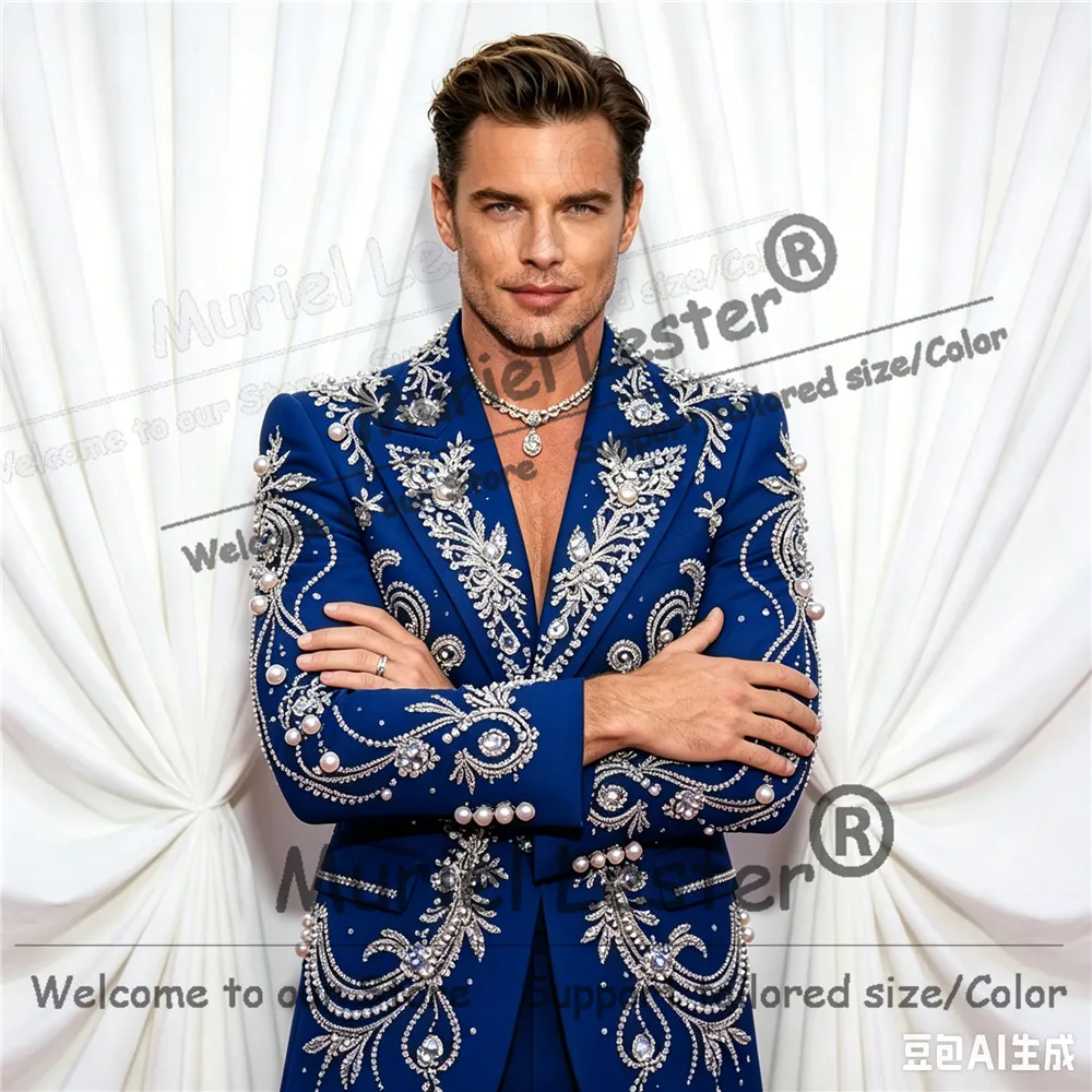 Terno masculino brilhante para casamento, blazer com contas de diamante, calças, conjunto de 2 peças, smoking de noivo, luxo, terno masculino completo