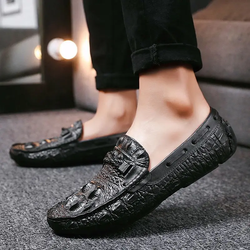 Crocodile Pattern Leather Slip on Mens Casual Shoes Social Spirit Guy Slip-on Mens Flat Loafers Shallow Sneakers for Dad