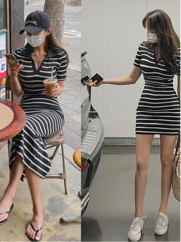 2024 Summer New Black and White Stripe Temperament Slim Slim Mid length Dress Flip Collar Stripe Knitted Split Long Dress AH46