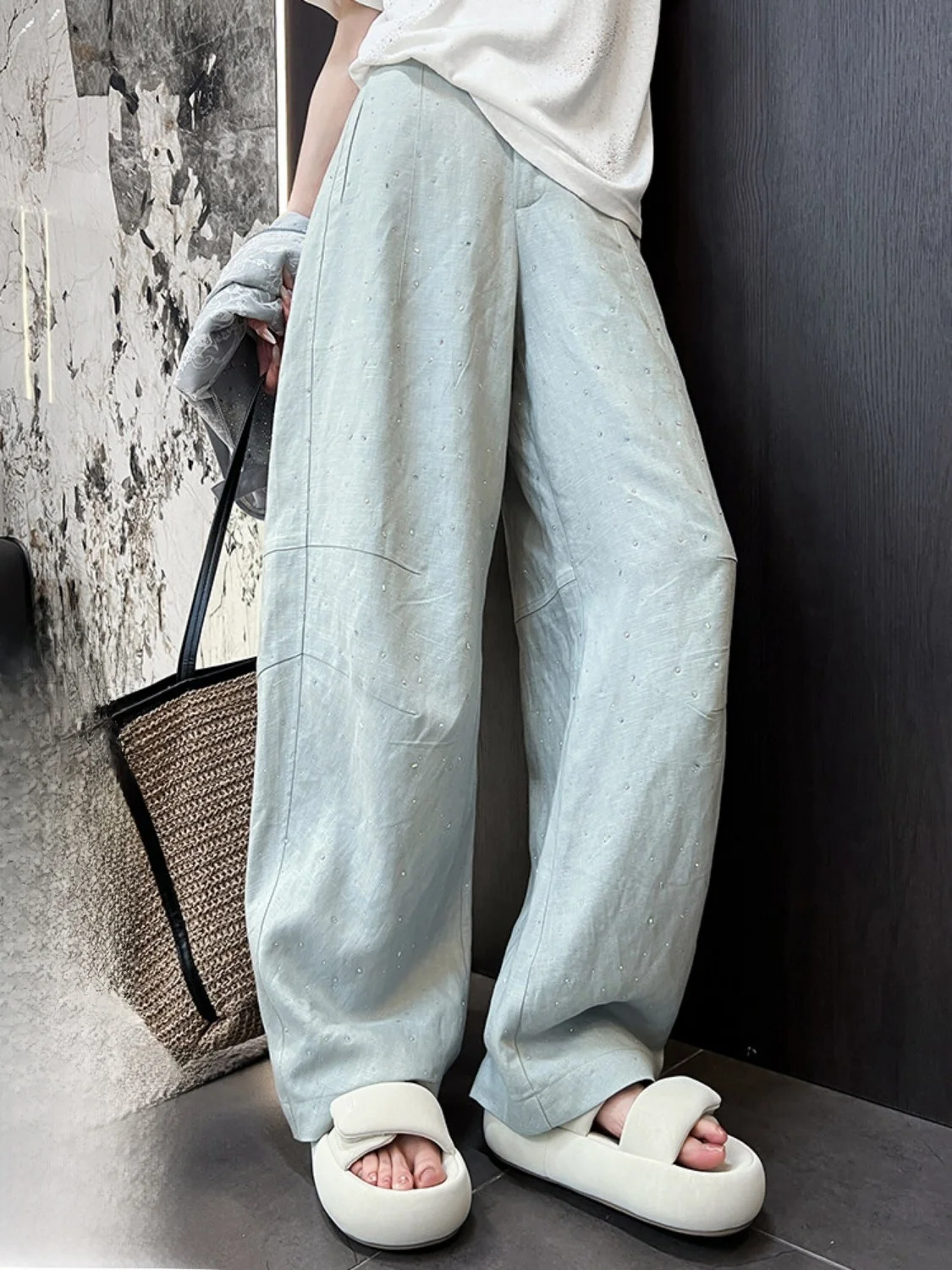 

Льняные брюки-баллоны с декоративной отделкой на талии, приталенные, длинные, прямого кроя, с асимметричным дизайном для женщин