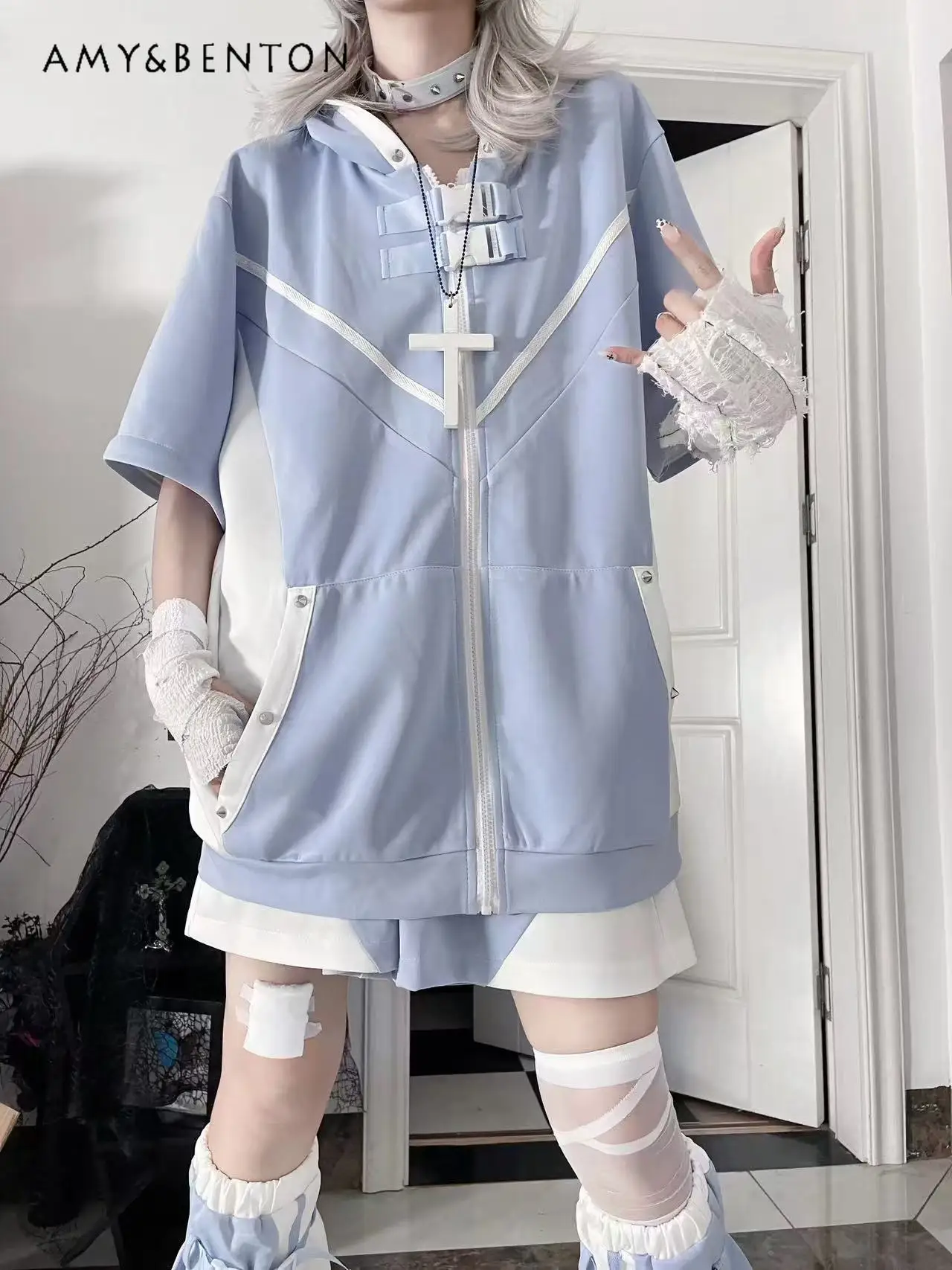 

Original Sweet Cool Subculture Water Color System Mine Sets Y2k Harajuku Removable Long-sleeved Oversized Coat Shorts Leg Cover