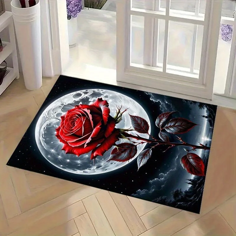 

1pc Moonlight rose print pattern carpet, crystal velvet fabric, suitable for bedroom living room decoration