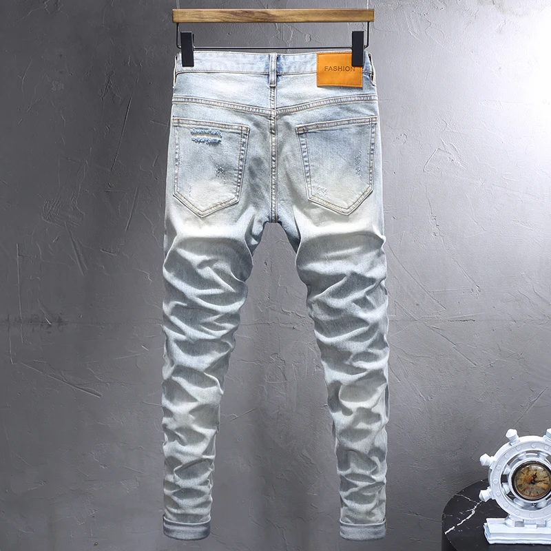 

Street Designer Fashion Men Jeans Retro Light Blue Stretch Slim Fit Ripped Jeans Men Y2K Patched Vintage Denim Pants Hombre