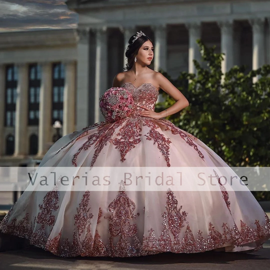 

Sparkly Pink Quinceanera Dress Appliques Beads Ball Gown Luxury Sweet 16 Dresses Vestidos De 15 Quinceañera Corset