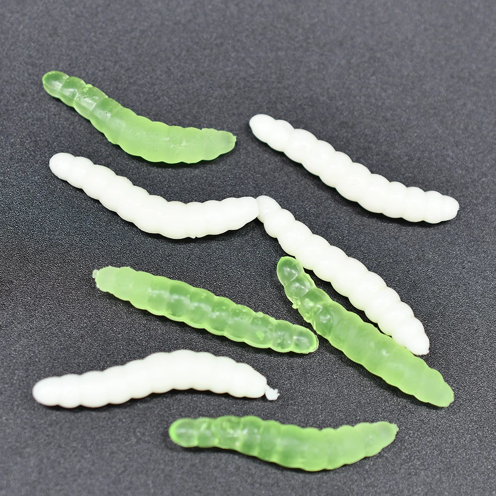 MNFT 40PCS 3.8cm 0.6g Bass Fishing Worms Lures Green/White Silicone Soft Maggot Baits Bread Worm Fishing Lure