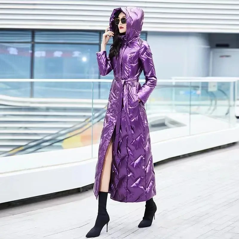 Black Bright Face Temperament Down Cotton Coat Women 2023 Winter New Long Over The Knee Hooded Strap Fashion Thick Padded Coats