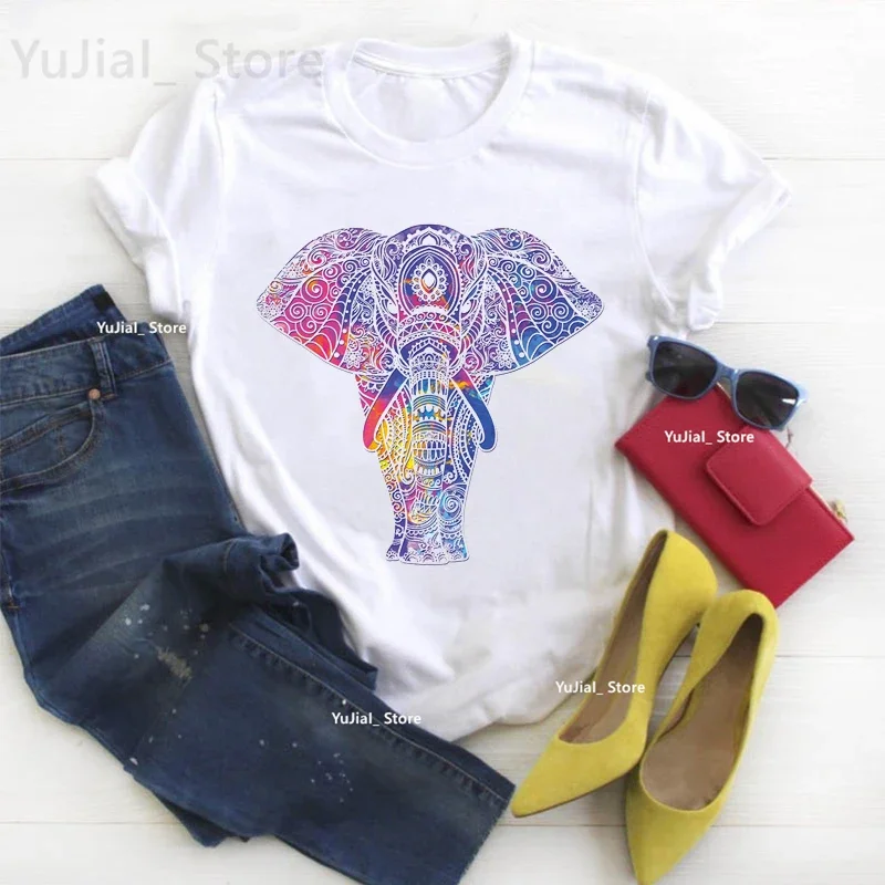 

Elephant Meditation Lotus Print T Shirt Women Yoga Fashion Tshirt Femme Summer Short Sleeve T-Shirt Female Streetwear