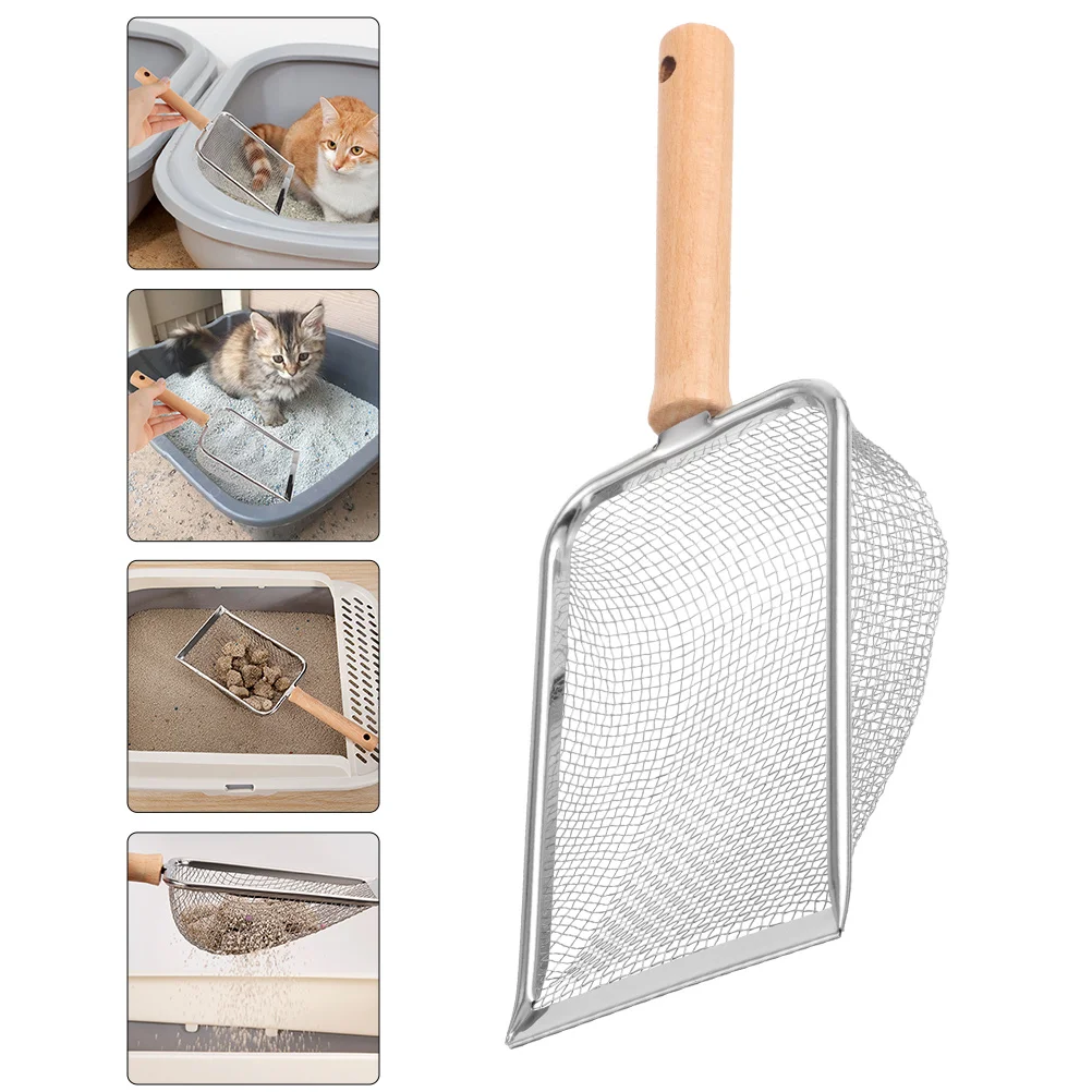 الزواحف مغرفة الفولاذ المقاوم للصدأ الخشب مقبض المغربل للحيوانات الأليفة القمامة تنظيف أداة قابلة لإعادة الاستخدام القمامة مجرفة الرمال مغرفة تررم #5