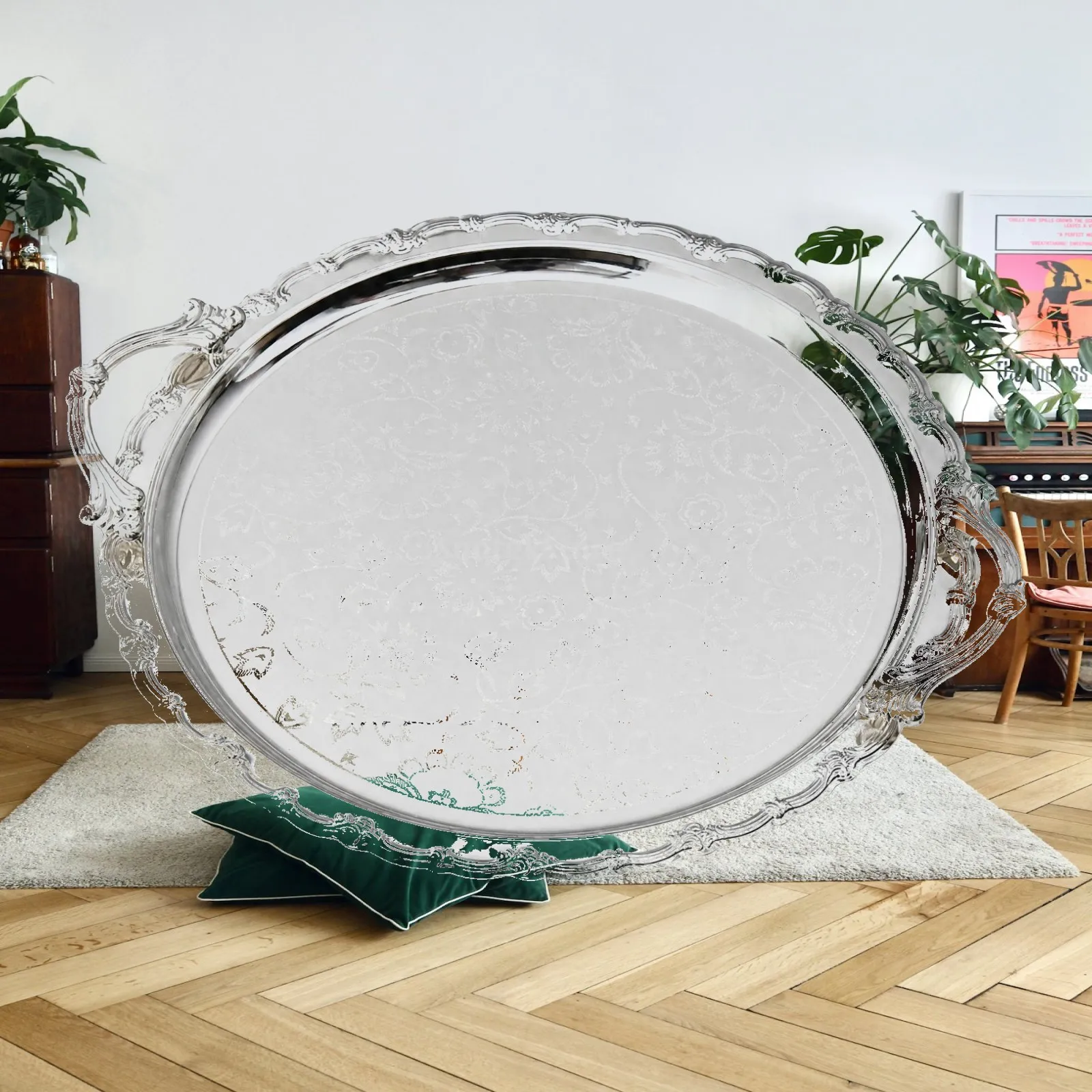 Handled Metal Serving Tray Polished Silver Floral Pattern for Tea Coffee Dessert Presentation Home Accent