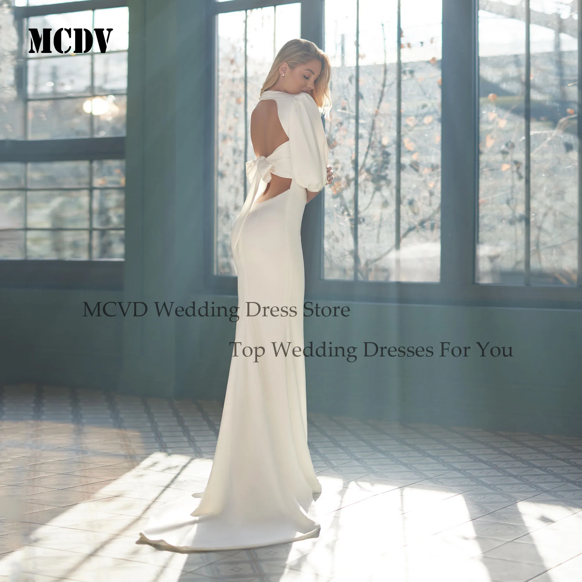 MCDV فساتين حفلات الزفاف المثيرة رقبة دائرية نصف كم حورية البحر فساتين العروس للنساء فستان زفاف مخصص 2025 سويب تراين من الساتان