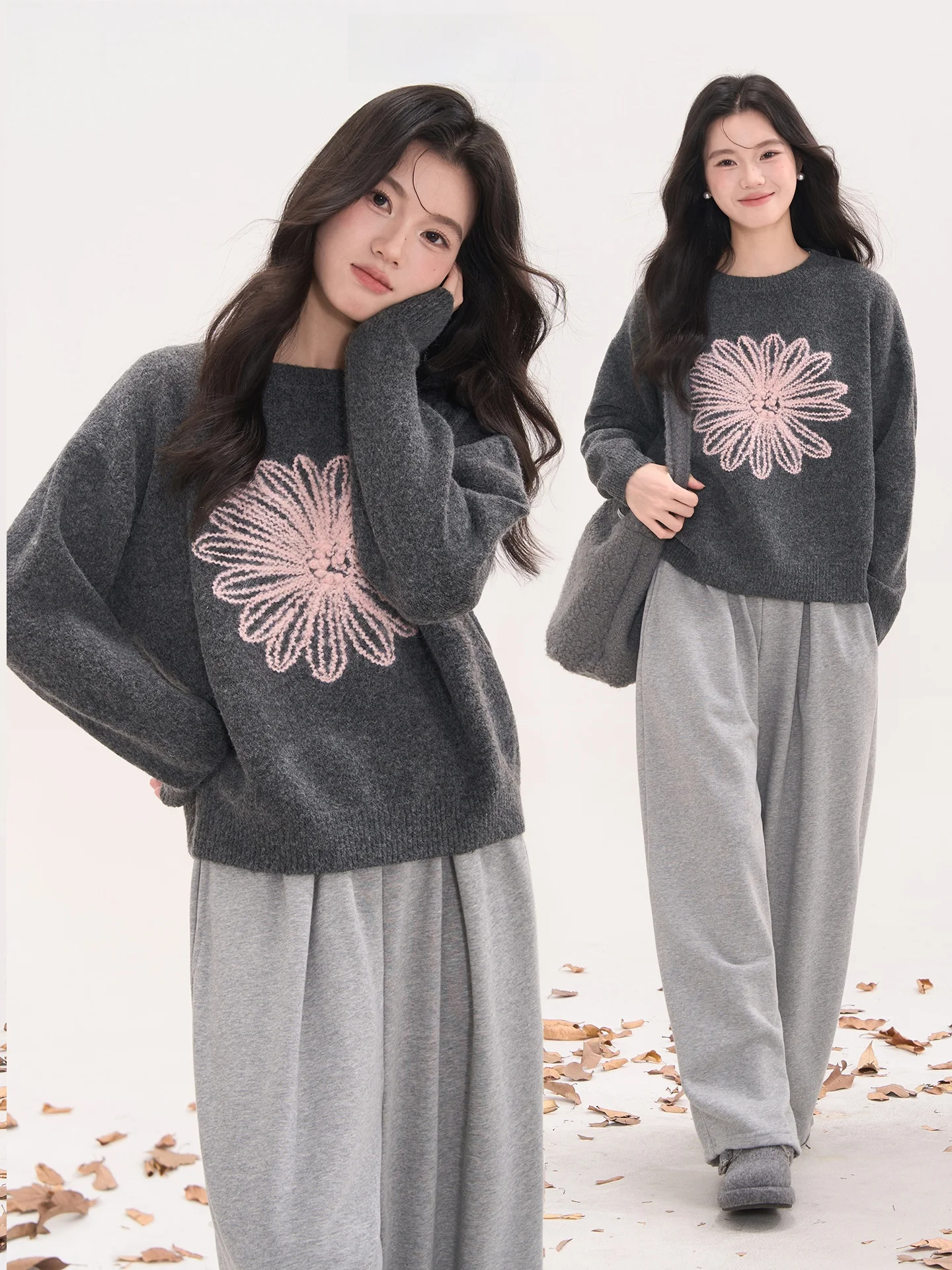 

Heme 6 Wool Embroidered Daisy Knitted Sweater Women's Casual Overhead round Ne Top Spring Autumn Comfortable Loose Fit