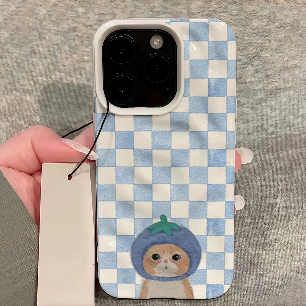 Modisches kariertes Handyhülle mit süßem Katzenmuster für iPhone 17 16 15 14 13 12 11 Pro Max 14 Plus 17Air, weiche Silikonhülle mit Falten-Wellen-Design – Detail 12