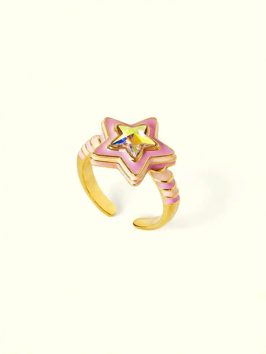 

Pink Star Shaped Enamel Ring With Crystal Center Trendy Cute Fashion Ring For Women