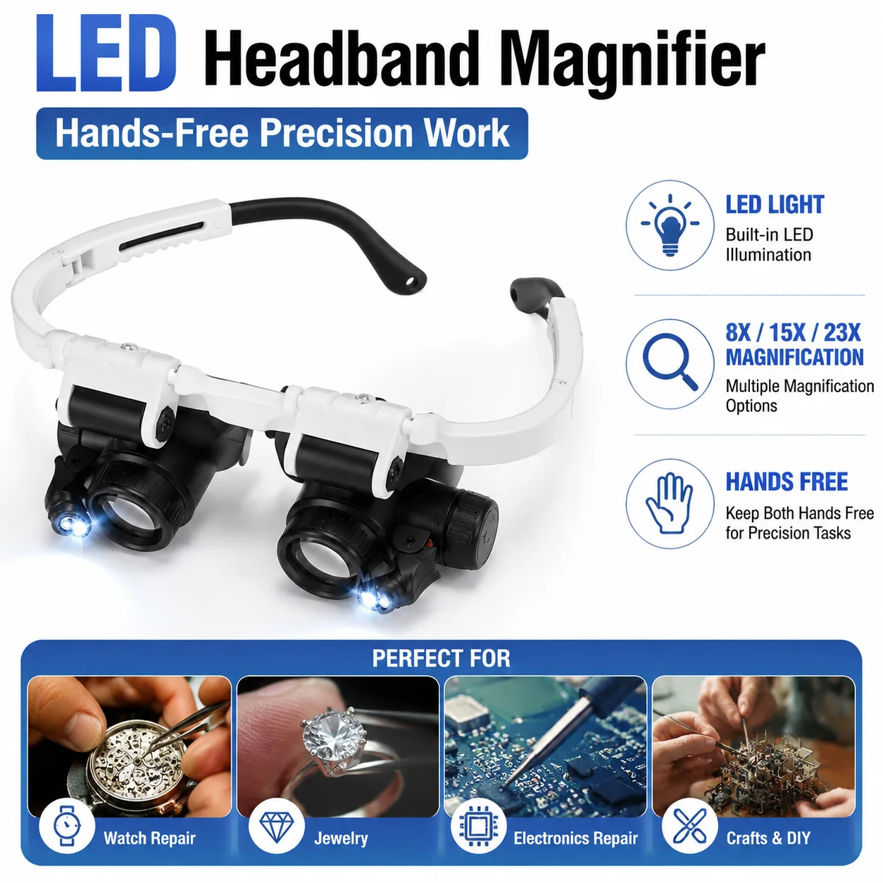 8X 15X 23X LED Headband Magnifier Glasses Hands Free Loupe for Jewelry Watch Repair Electronics Soldering Reading Craft DIY