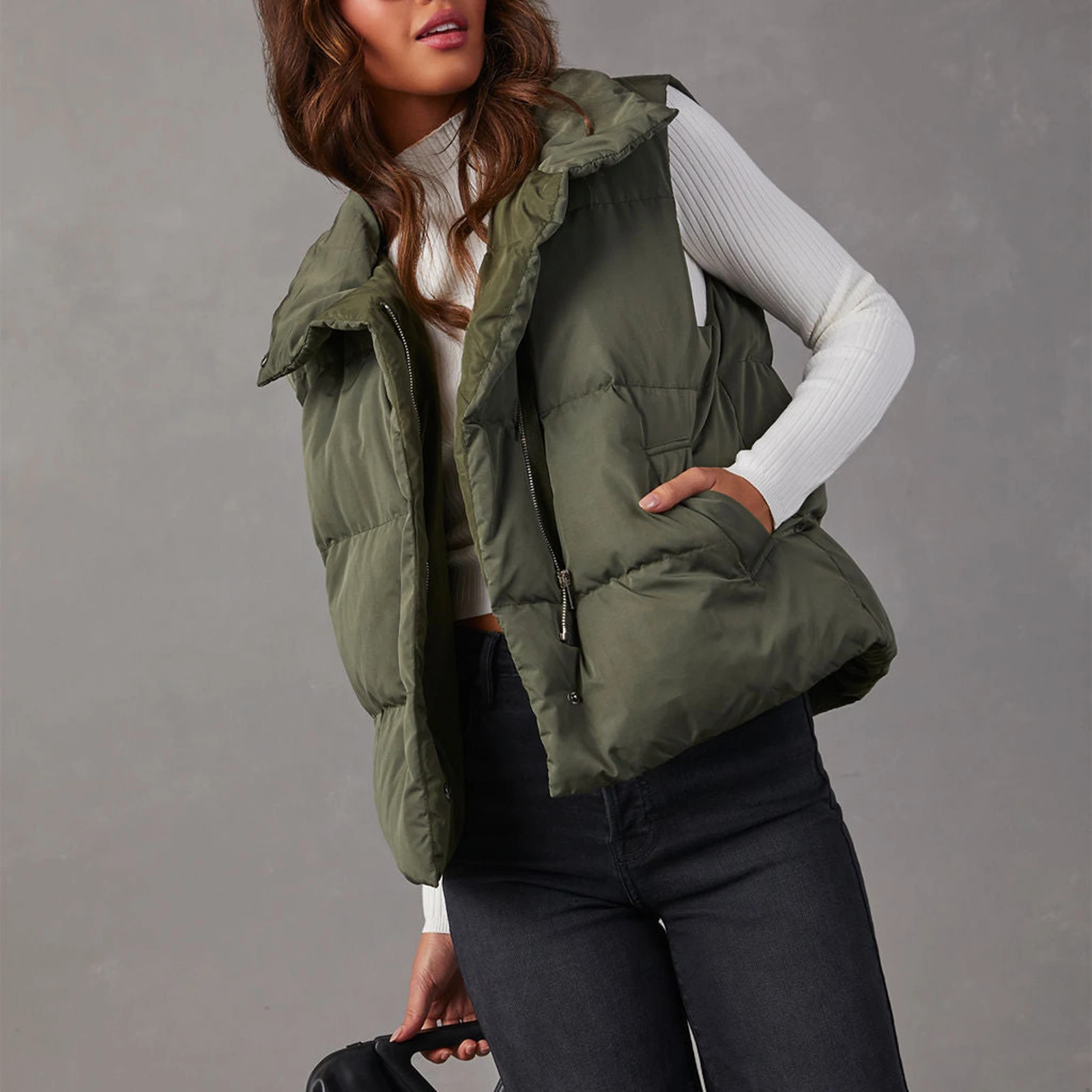 Dames Winter Gewatteerd Vest Casual Mouwloze Rits Opstaande Kraag Effen Kleur Crop Gilet Met Zakken Warme Outwear Winter