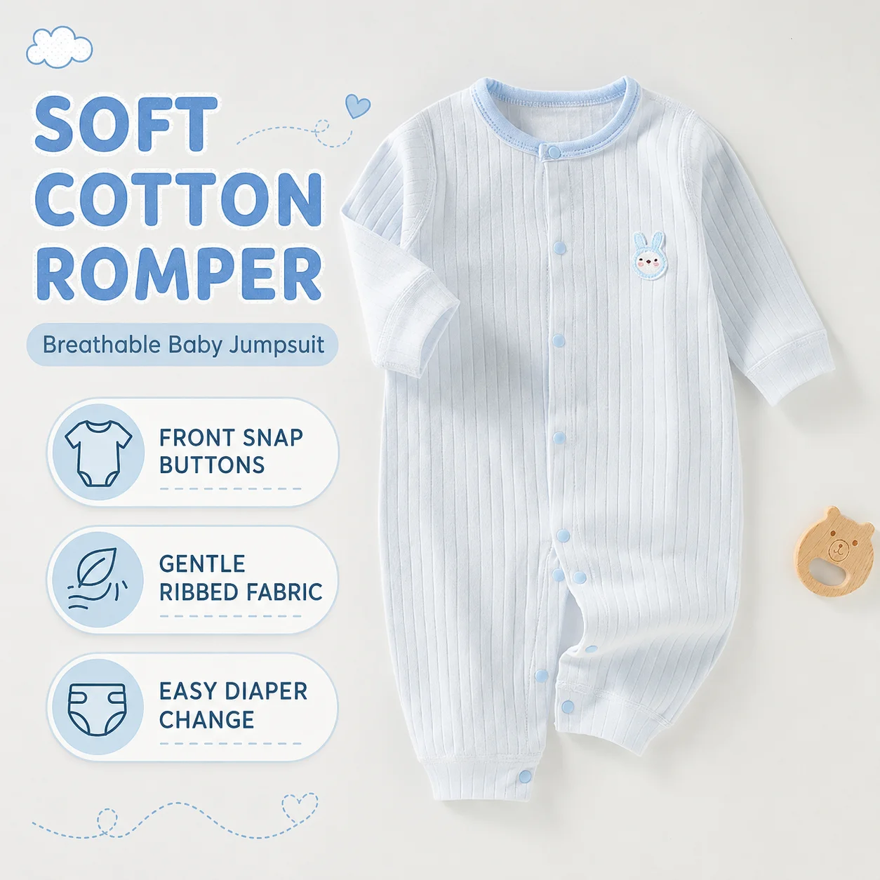 Soft Cotton Baby Romper Newborn Long Sleeve Jumpsuit Ribbed Infant Bodysuit Front Snap Pajamas Cute Bunny Baby Clothes