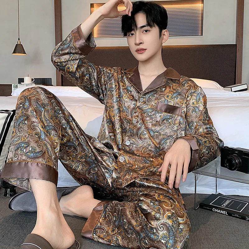 Men's Homewear Long Sleeve Top&pants 2Pcs Sleepwear Male Nightwear Outfit Satin Home Clothes Print Ice Silk Loungewear Pajamas