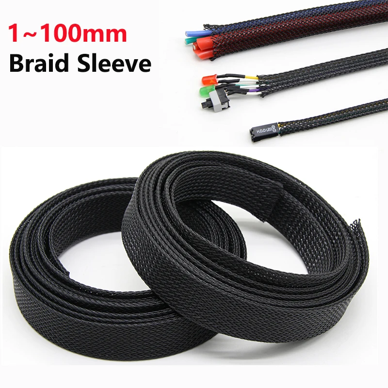 

2/5/10/50M PET Black Cable Sleeve 1mm~100mm Insulated Braided Sleeving Data Line Protection Cable Management Wire Wrap Tube