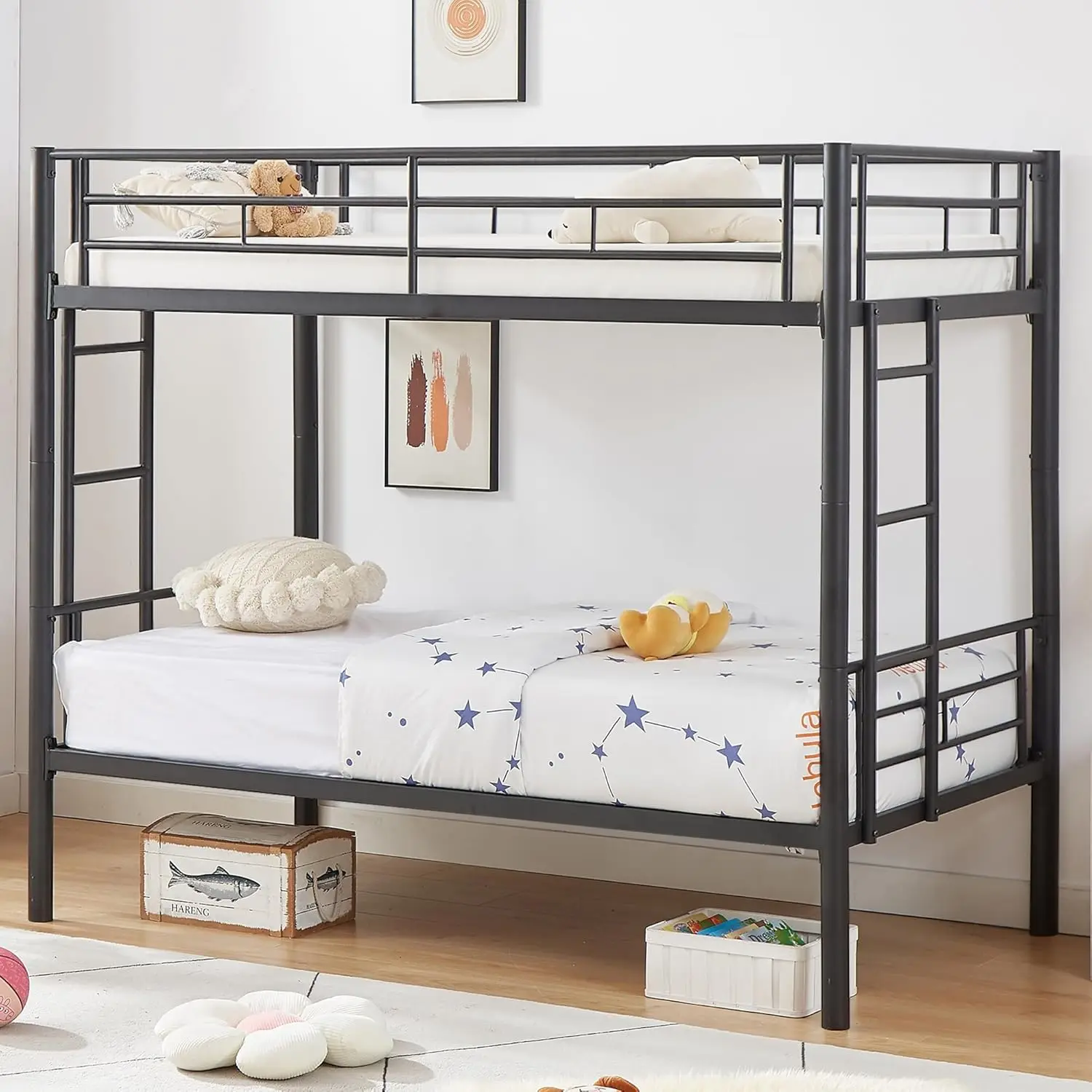 Metal Bunk Bed Twin Over Twin, Industrial Bunkbeds with Ladder and Full-Length Guardrail, Noise Free, No Boxing Spring Needed