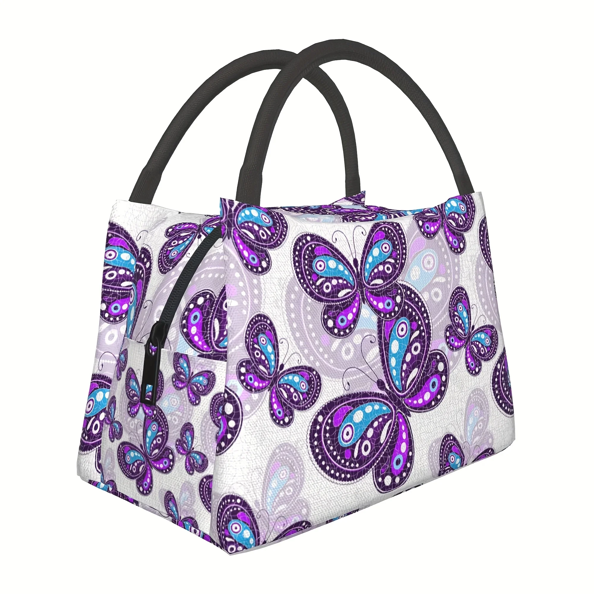 Purple Butterfly Print Insulated Lunch Bag Portable Reusable Cooler for Camping Picnic Office