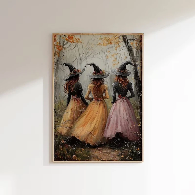 Vintage Young Earth Witch in Autumn Forest Poster Dark Witchy Canvas Painting Halloween Wall Art Cottage Living Room Home Decor