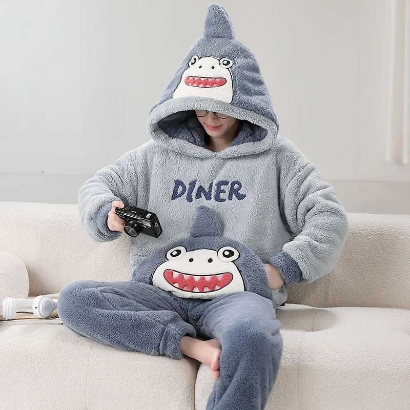 Winter Couples Pajamas Sets Thicken Women Men Sleepwear Pyjama Suit Shark Cute Soft Warm Homewear Pijama Unisex Hooded  Pajama