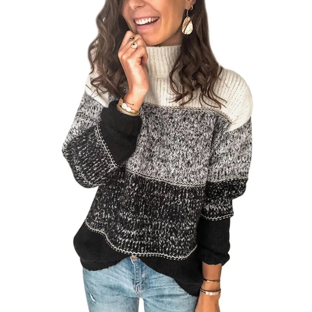 

Women's High Collar Striped Sweater Autumn Winter European American Style Leisure Mixed Color Knit Top Contrast Color Design