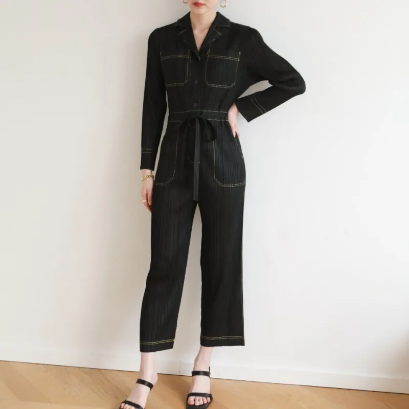 Miyake Pleated Korean Version Casual Fashion Lace Up Waist Imitation Denim Jumpsuit Temperament Casual Women's Jumpsuit