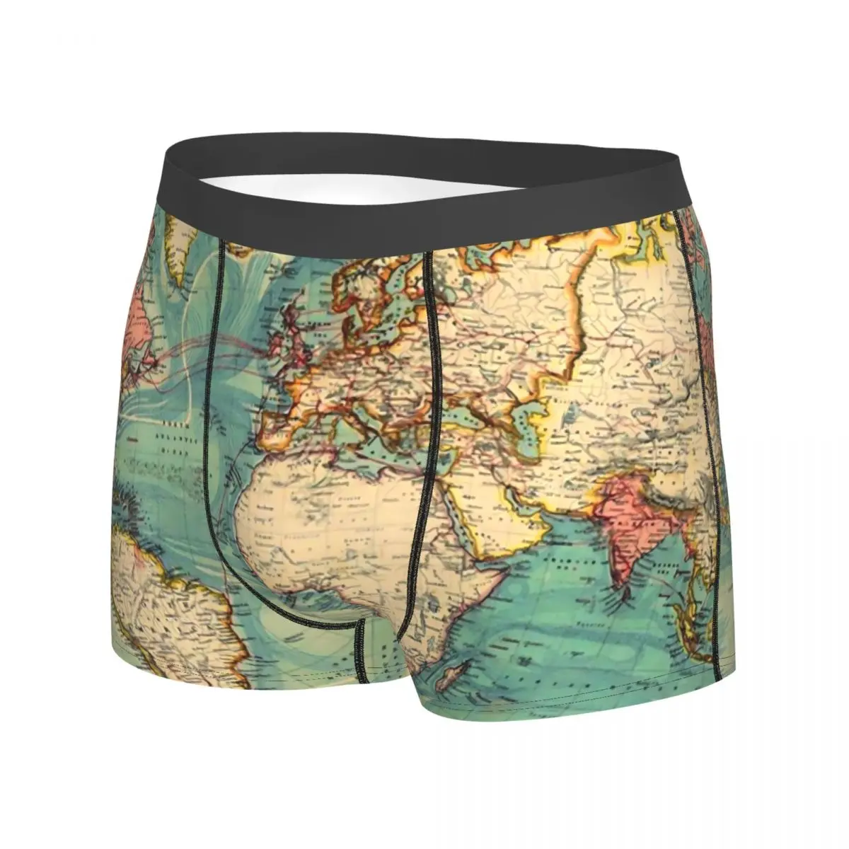 Celana dalam pria peta dunia, celana dalam pendek pria 1883, peta Vintage, celana dalam bersirkulasi udara, motif panas