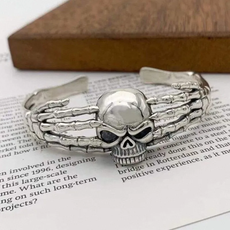 BOCAI New Real S925 Silver Jewelry Retro Punk Style Skull Head Hip Hop Open Bangle for Men Fashionable Gift Wholesale