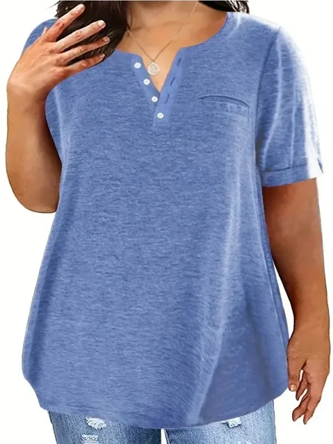 Plus rozmiar 1XL-8XL damskie luźne topy damskie Casual dekolt w serek koszulka z krótkim rękawem i kieszeniami wiosna i lato w nowym stylu