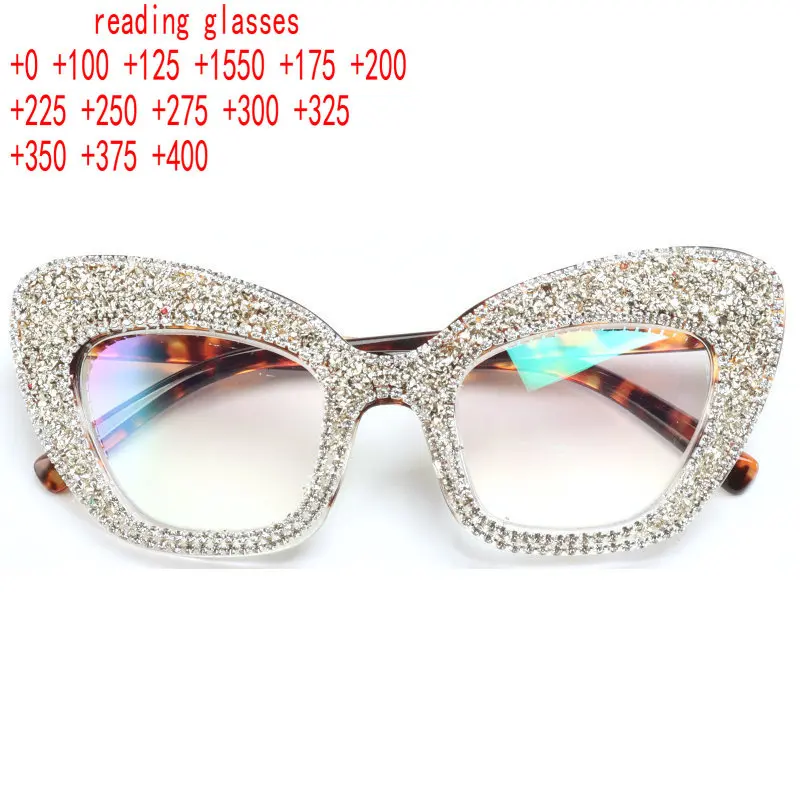 Oversized Cat Eye Bling Reading Glasses Women Shiny Rhinestone Reader Vintage Ladies Anti Blue Light Trendy Computer Reader XN