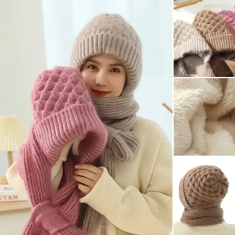 

Knitted Hat Squirrel Velvet Scarf Set Two-Piece Set Women'S Winter Fashion Warm Plus Velvet Thick Cycling Windproof Beanie