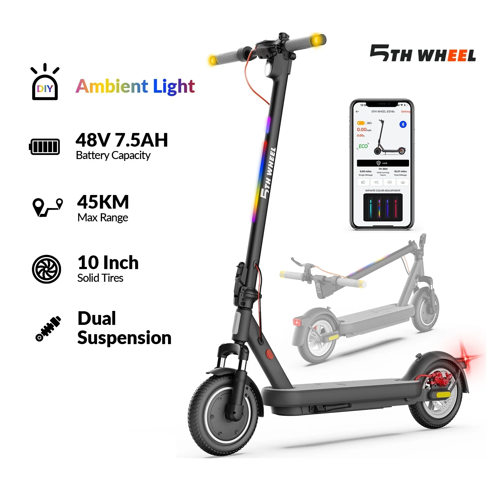 Eléctrico Scooter eléctrico 5TH WHEEL Aura, motor de 400 W, 48 V, 7,5 Ah, autonomía de 40 a 45 km, suspensión doble, neumáticos macizos de