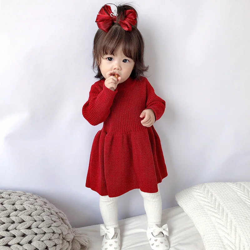 

Autumn and Winter Girls' Knitted Dress Fashionable Skirt Baby New Year Festive Red Sweater Dress Children's Princess Dress