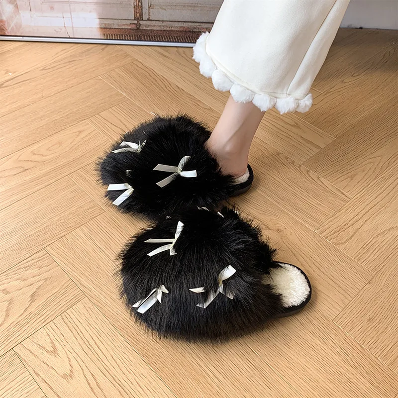 

2025 New Style Korean-style Home-Dwelling Warmth-Peeling Cotton Slippers with Female Fashion Butterfly Knot Decoration