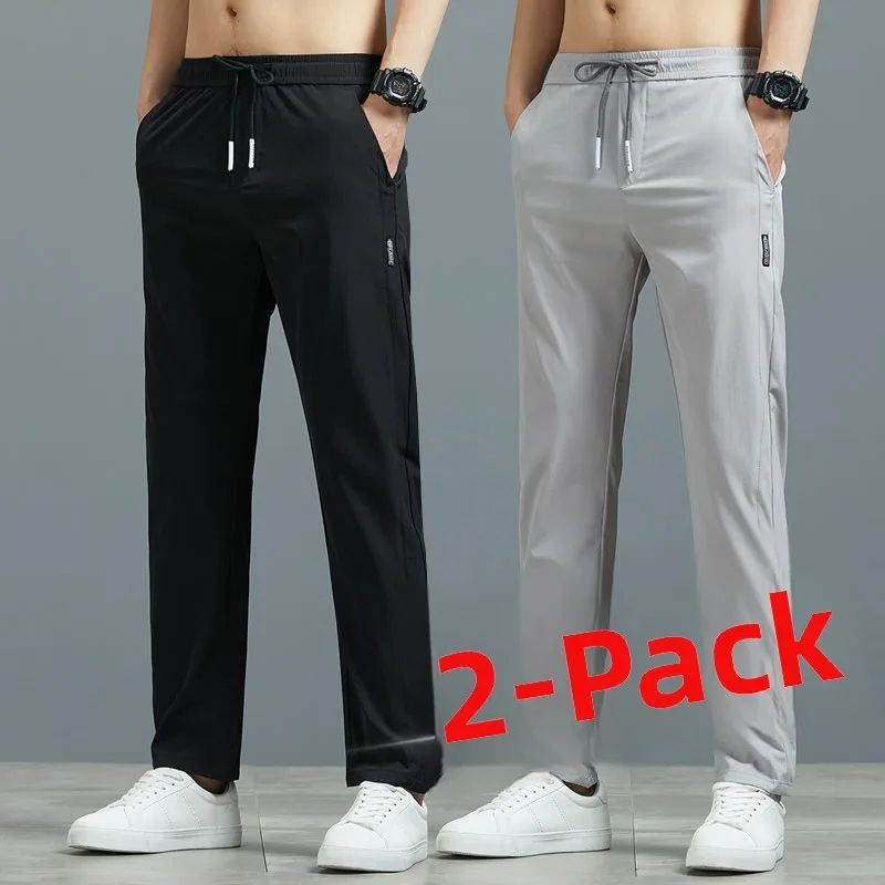 

Summer Ice Silk Color Straight Leg Work Sport Pants Men's Large Size Elastic Casual Trousers Cool Feeling Youth Sle