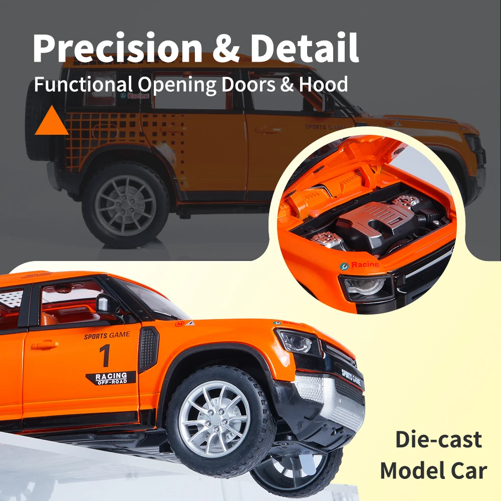 Maßstab 1:22 Legierung Orange Land Rover Automodell Spielzeugauto (kostenlose Anzeigebox), hochwertiges Automodell aus Druckguss ohne elektrischen Rückzugs-Doppeltür-Sportwagen, kreatives Sportthema, Autoventilator |   Ideales Geschenk für Männer, Desktop |   Kreative Heimtextilien-Dekoration, simulierte modische Fahrzeugsammlungen aus Metall, Partygeschenke, Geburtstage |   Weihnachtsgeschenk (Ostern / Weihnachten / Halloween)