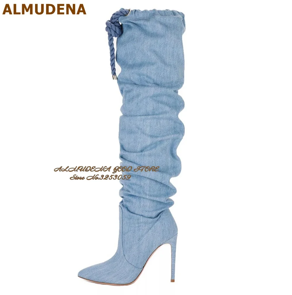 ALMUDENA Blue Denim Folded Over-the-knee Boots Stiletto Heels Pointed Toe Pleated Tall Boots Rope Lace-up Jeans Shoes Size46