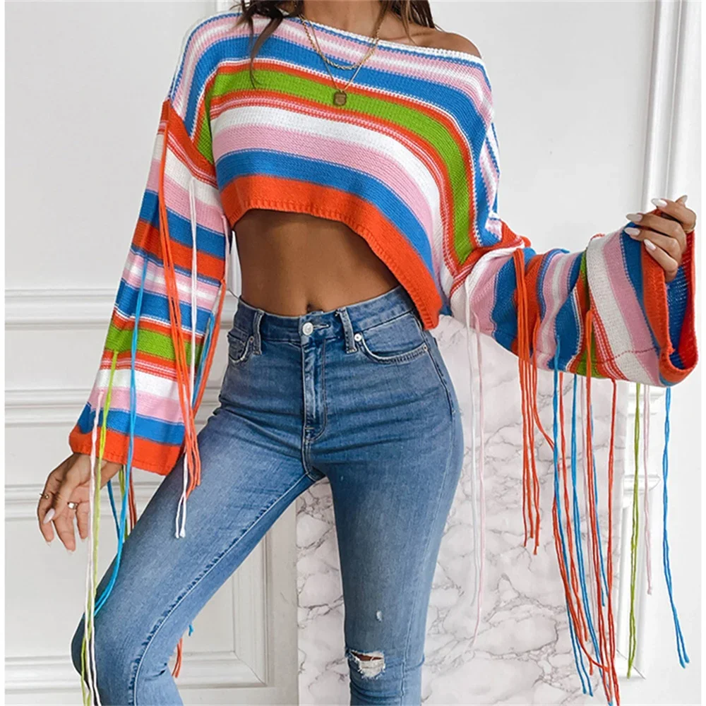 Женский винтажный свитер с бахромой, в полоску