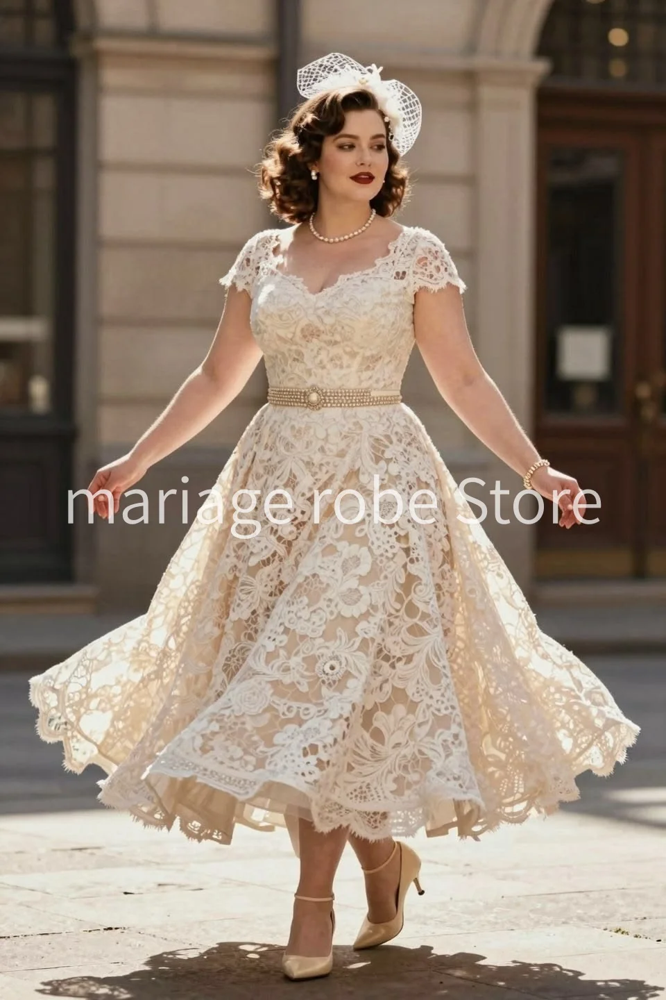 Vintage Ankle-length Champagne Wedding Dresses Cap Sleeve Lace Floral Civil Bepsoke Garden Bridal Gown Outfit Customzied