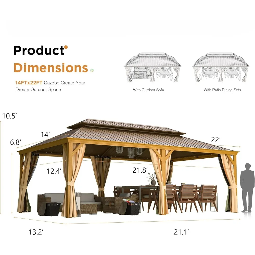 14' X 22' Hardtop Gazebo Wood-Looking Gazebo with Galvanized Steel Double Roof, Aluminum Frame, Outdoor Patio Hardtop Gazebo