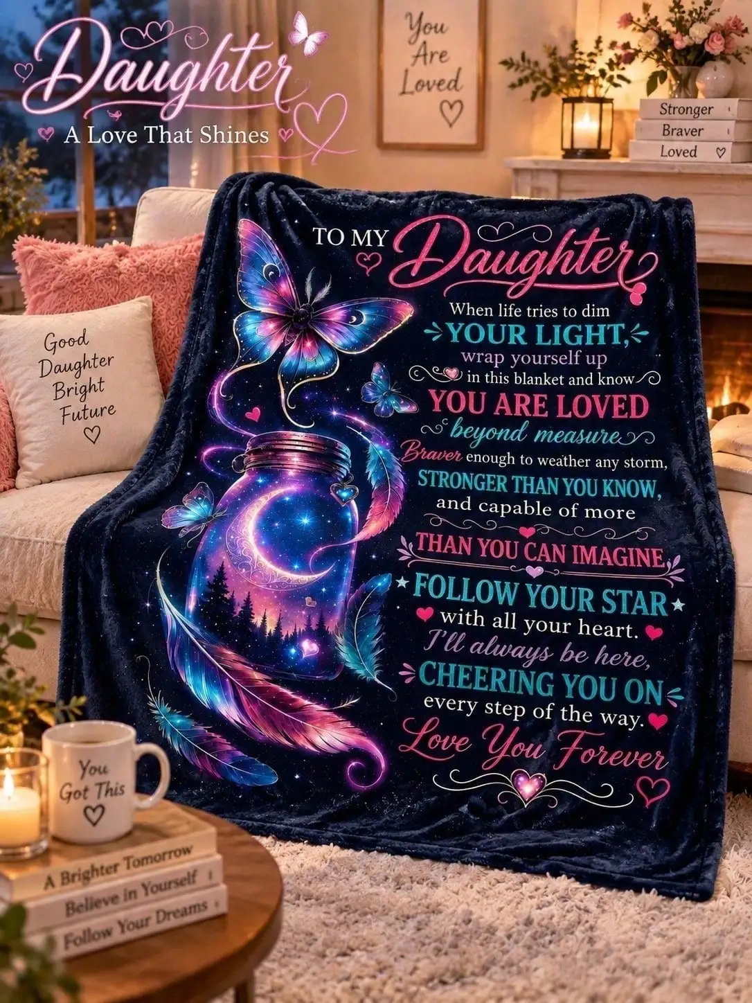 Daughter Butterfly Moonlight Flannel Blankets Encouragement Sofa Throw Bed Home Decor Bedroom Living Room Halloween Thanksgiving Christmas Anniversary Birthday Housewarming Guestroom Dorm Travel Office Nap Seasonal Accent Gift for Family Friends