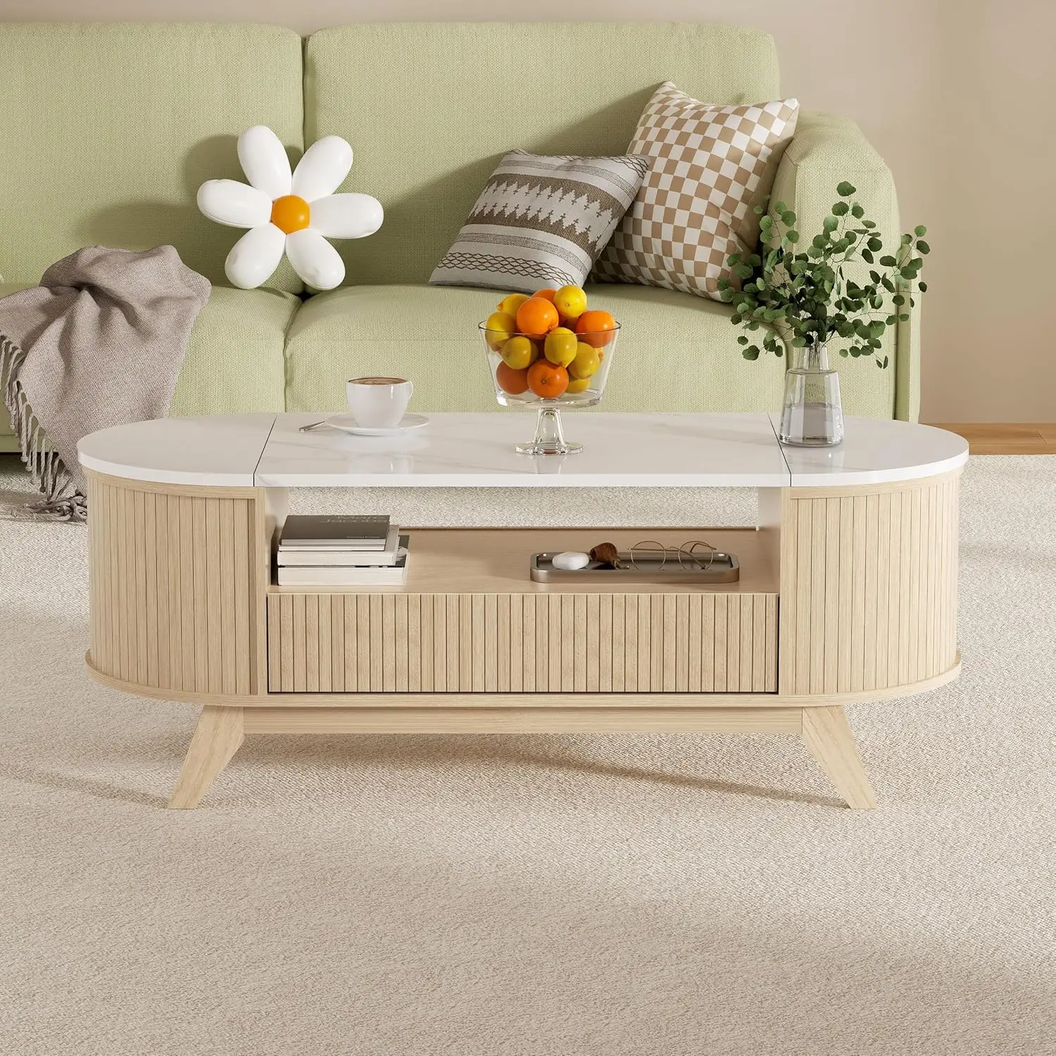 Coffee Table With Storage, Mid Century Modern Center Table For Living Room, Oval Fluted Coffee Table With Hidden Storage Space,