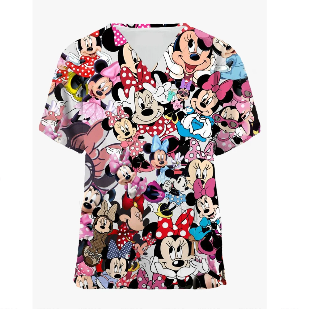 

Women Nurse Uniform Lovely Mickey Mouse Print V-Neck Pocket Medical Uniforms Anime Nursing Scrub Tops Workwear Uniforme